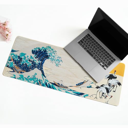 BELLEMOND Japanese Art Desk Mat | Large 31.5x11.8in Anime Mouse Pad for Keyboard & Mouse | Non-Slip Base, Water-Repellent | Original Japanese Design | Waves of Harmony - color: Waves of Harmony