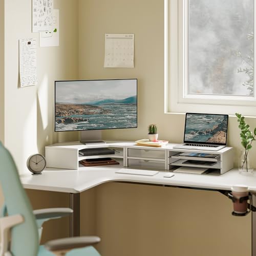 Fenge Dual Monitor Stand, Corner Monitor shelf with Drawer and Slide-Out Tray, 2 Tier Triangle Monitor Riser with Storage, Desk Shelf Organizer for Desk, Home Office, Computer, Laptop, Printer - color: White