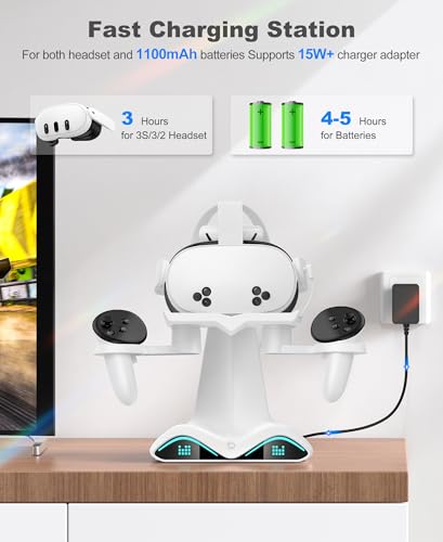Charging Dock for Meta Quest 3/3S/2 - VR Headset Fast Charging Station Controller Display Stand, VR Accessories for Meta with 4×1100mAh Controller Batteries & LED Light