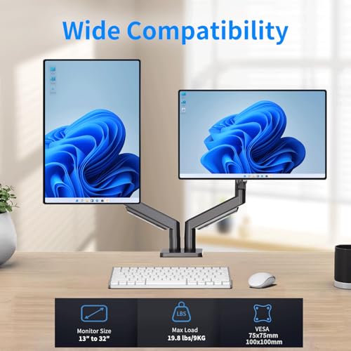 Dual Monitor Stand for 13 to 32 inch Screens, Gas Spring Monitor Arm with Swivel, Tilt, Rotation, Height Adjustable, Desk Mount with C-Clamp and Grommet Base, Each Arm Holds 4.4 to 19.8lbs Screen - size: Non-RGB Dual Arm Black