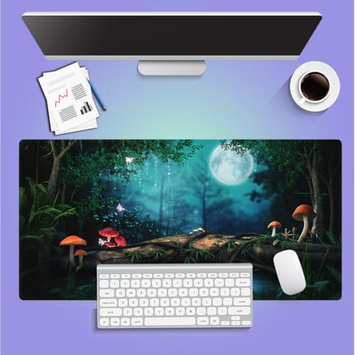 Large Gaming Mouse Pad (31.5" x 15.8") - Enchanted Forest Night Mushrooms and Fairies Fairy Tale, Extra XXL Office Accessories, Premium Stitched Anti-Slip Office Desk Mat - color: Fantasy Forest