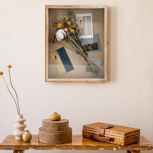 GraduationMall 13x16 Shadow Box Frame Solid Wood Glass Door Display Case with Linen Back and 6 Stick Pins,1.5 inches Interior Depth,Ideal for Memorabilia Pictures Flowers Medals Tickets - color: Carbonized Black, size: 13x16