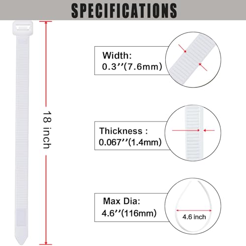 Cable Zip Ties, Heavy Duty Self Locking Zipties, 100 Pack White 18 Inch 120LB, Nylon Cord Management,Plastic Wire Ties for Office,Home,Garden,Workshop (18"-120LB) - size: 18"White-120LB