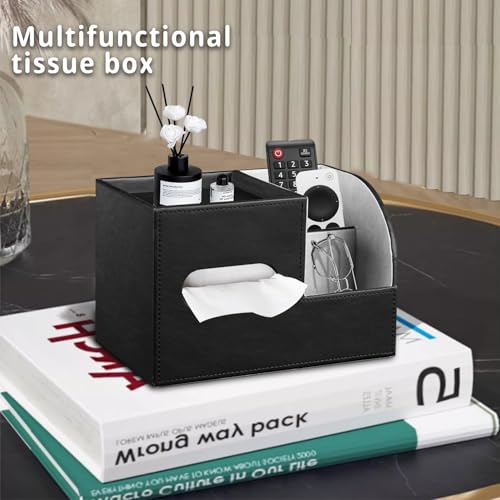 PU Leather Tissue Box Cover Square, Tissue Box Holder Organizer with Storage Tray and Remote Control Holder for Bathroom Countertop Night Stands Bedroom Office Desk,Napkin Caddy Decorative Black - color: Black