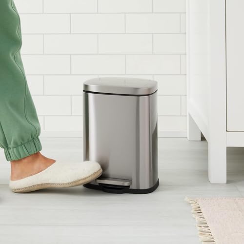 Amazon Basics MINI Trash Can, 1.32 Gallon (5L) Smudge Resistant Rectangular Bin with Soft-Close Lid, Step Foot Pedal, Removable Inner Bucket, Brushed Stainless Steel, for Bathroom, Satin Nickel Finish - size: Mini, 5L/1.32 Gal