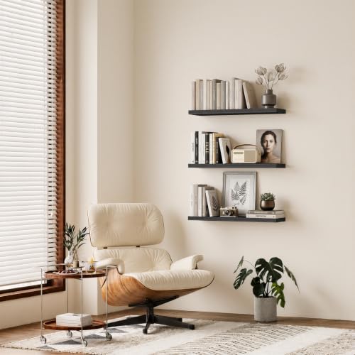 BAYKA Floating Shelves for Wall, Set of 3, 35.4 Inches Long Black Wall Mounted Rustic Wood Shelves for Bathroom, Bedroom, Living Room or Kitchen, for Book/Storage/Decor with 30lbs Capacity - color: A. Black - Universal Classic Style, size: 35.4inches