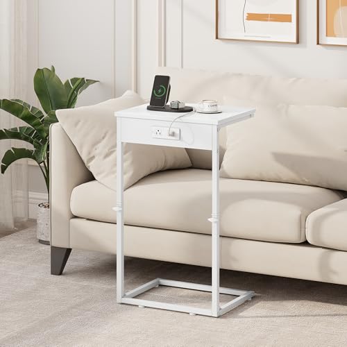 Vagusicc C Shaped End Table with Charging Station, Adjustable Height Side Table for Couch, Small End Table Small Spaces, 33.2'' Tall Couch Tables that Slide Under, Tv Tray Table for Living Room, White - color: White (1 Pack), style: With Plug