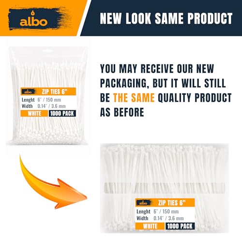 ALBO Zip Ties White 6 Inch 1000 Pack 40 lb, Long Plastic Cable Ties Thick 0.14 Inch Tie Wraps Heavy Duty UV Resistant Nylon Wire Ties for Indoor and Outdoor - size: 6" White 1000 Pack 40lb