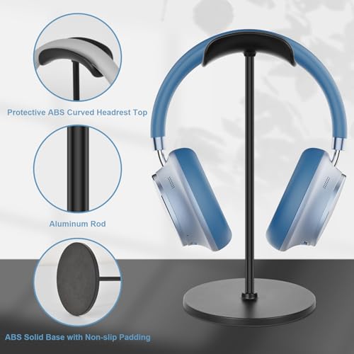 T-fun Headphone Stand, Curved Headset Stand with Aluminum Rod ABS Solid Base Gaming Headset Holder for Desk Headphone Accessories for Organization and Display, Black