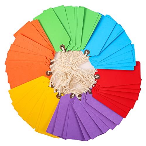 Outus 60 Pcs 4 3/4-in x 2 3/8-in Blank Large Paper Gift Tags with String and Reinforced Eyelet Wire Writable Price Tags Shipping Labels Inventory Labels(Rainbow Colors) - color: Rainbow Colors, size: Solid Style