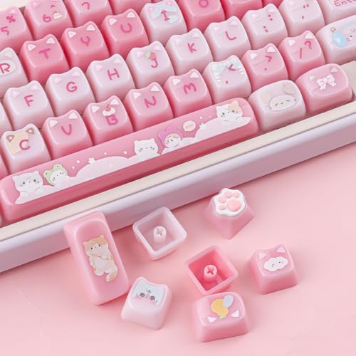 Ceramic Jade Cat Keycaps, 142 Keys Translucent Pink Meow Meow Cute Keycaps Mao Profile Custom Keycap with Keycap Storage Box for Cherry Gateron MX Swithes Mechanical Keyboards - color: Meow Meow Pudding