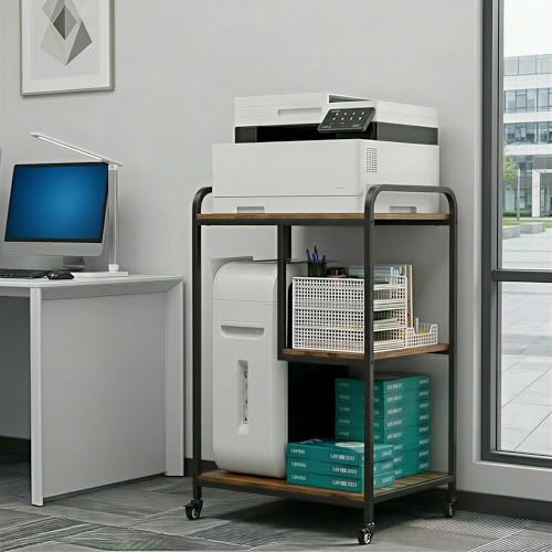 HAAYOT Printer Stand with Storage: 40-inch Tall 3-Tier Printer Table & Cart with Wheels, Left/Right Adjustable Shelf for Home Office, PC Tower & Paper Shredder, Rustic Brown