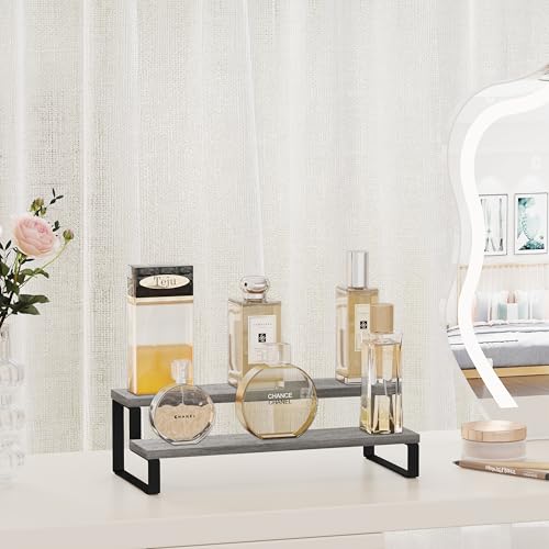 YINMIT Wooden Display Riser Stand, Tiered Perfume and Cologne Organizer Stand, 2 Tier Spice Rack Organizer, Rustic Display Shelf for Candles (2 Tier,Grey) - color: 2 Tier,Grey
