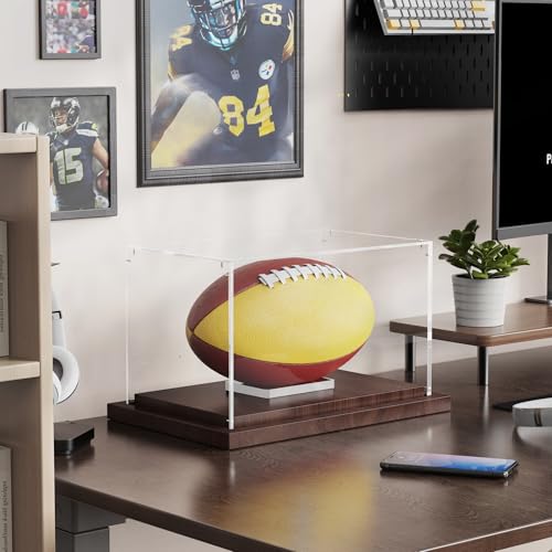 VGMiu Football Display Case with Wood Base, Acrylic Football Case Display Clear Box with Removable Built-in Ball Holder for Autographed Footballs, Sports Collectibles, Memorabilia Displays - size: Football Case