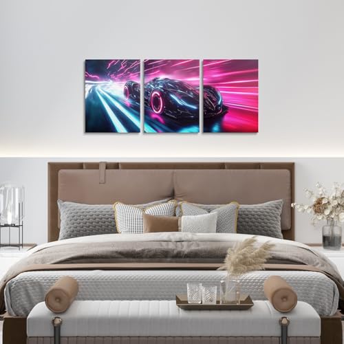 Sports Cars Boys Canvas Wall Art Set of 3,Neon Light Cars Poster Prints Race Car for Boys Kids Teens,Pink Blue Art Geometric Line Stripes Decor,Kids Sci-Fi Cool Speed Racing Car Wall Art,12x16 - color: Blue Pink