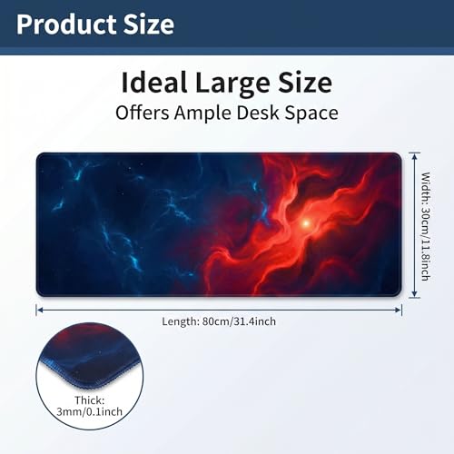 Jeffbaubl Large Desk Mat, 31.5 x 11.8 inch Blue Red Pattern Mouse Pad, Non-Slip Rubber Base and Stitched Edges Mousepad, Waterproof Desk Pad, 3mm Thick Extended Keyboard Pads for Gaming Office Home