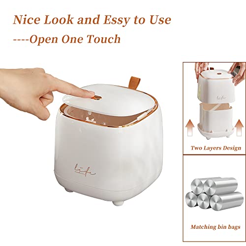 Mini Countertop Trash Can with 5 Rolls of Trash Bags, Waste Can with Press Type Lid, 0.5 Gallon/1.5 Liter Wastebasket Trash Can Dispenser, Mini Bin for Bathroom Vanity,Coffee Table (White) - color: White