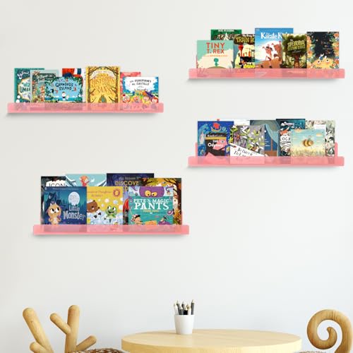 Dezzer 6 Pack Acrylic Shelves for Wall, 15" Acrylic Floating Shelves for Bathroom Bedroom, Invisible Bookshelf Wall Ledge Storage Shelf Books Perfume Toys Action Figure Display Shelves, Pink - style: 15 inch 6-pack Pink