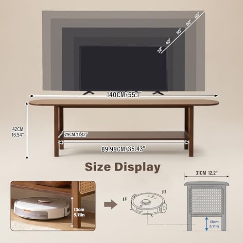 Welnow Walnut Rattan TV Stand for 65" TV, Mid Century Modern Entertainment Center with 2-Tier Open Shelves, Versatile Modern TV Console & Table for Living Room & Gaming - color: Weaving Walnut, size: 55.1"