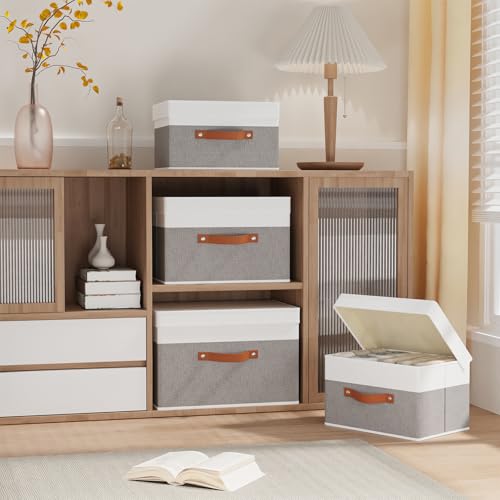 Storage Basket with Lid, Storage Bin, 17.7 x 11.8 x 11.8 Inch Closet Organizer Box with Handles for Bedroom Laundry, White and Grey, 1-Pack - color: White/Grey, size: 17.7x11.8x11.8in(1-Pack)