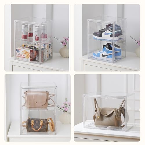 4 Tiers Clear Acrylic Display Case, Plastic Storage Bins with 3 Adjustable Divider and Magnetic Door,Stackable Display Box for Figures Showcase (XXL-4 Tier-1 Pack) - size: XXL-4 Tier-1 Pack