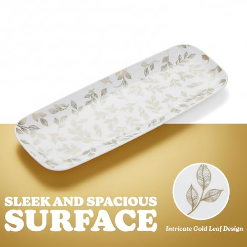 Rectangle Gold Leaves White Serving Tray (2-Pack) - 17.5" Disposable Serving Platter for Appetizer, Fruits & Serving Dishes | Perfect Plastic Tray for Party Serveware - style: Gold Leaves