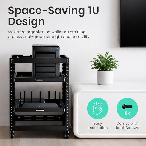 ynVISION.DESIGN 1U Sliding Rack Shelf – 20″ Deep Pull-Out Rack Mount Tray Extends to 35″, Fits 19″ 4-Post Server & AV Racks, Heavy Duty Steel Drawer Shelf, Network Cabinet Rack Shelf, 44 lb Capacity