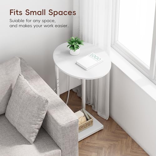 Vagusicc C Shaped End Table with Charging Station, 32" Tall Side Table for Couch and Recliner, Adjustable Height Small Couch Side Table Slide Under Sofa TV Tray Table for Living Room, Bedroom, White - color: White, style: Charging Station