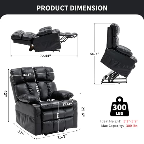 Power Dual Motor Lift Recliner Chair with Massage & Heat Adjustable Headrest, Reclining Home Theater Seating, Single Sofa with USB/Type C/Cup Holders/Side Pocket (Black, 1 Seat) - color: Black, size: 1 Seat