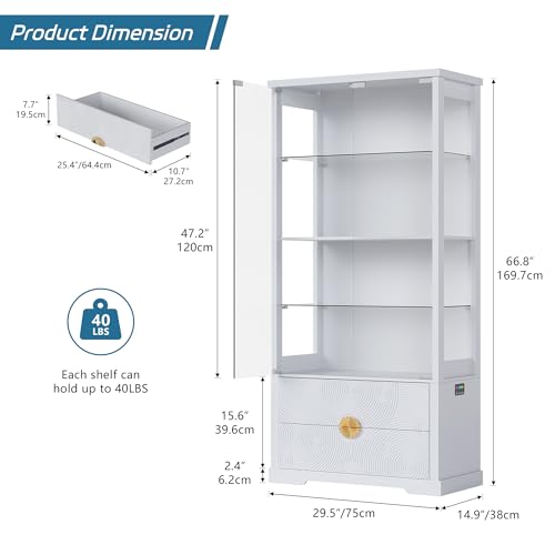 TAGELIER 4-Tier 67" Tall RGB Display Cabinet with Glass Doors and 2 Drawers | Sturdy Curio Cabinet with Adjustable Shelves, Smart Motion Sensor RGB Lights for Living Room, Display Case for Collectibles - color: 97129-white