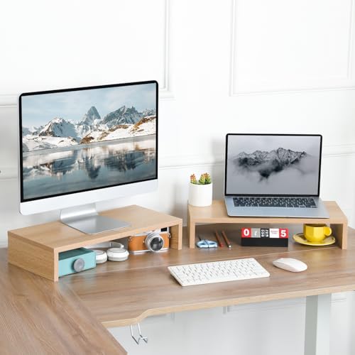 TEAMIX 2 Pack Monitor Stand Riser-20 inch, Wooden Desktop Riser for TV/PC/Laptop/Printer, Cozy Monitor Riser with Storage, Computer Stand Space-Saving - color: Maple, size: 2 Pack-20 inch