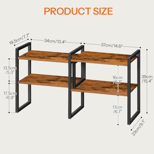 HOOBRO Desk Shelf Organizer, Adjustable Desktop Bookshelf, 2-Tier Shelf for Top of Desk, Wooden Office Storage Rack, for Office, Study, Kitchen, Dorm, Rustic Brown and Black BF39SJ01 - color: Rustic Brown + Black