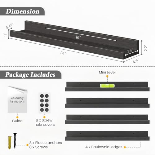 Forbena 24 Inch Floating Picture Ledge Shelf Set of 4 | Solid Wood | Size: W 24" x D 4.5" x H 2.2" | Living Room | Bedroom | Office - color: Black, size: 24 Inch