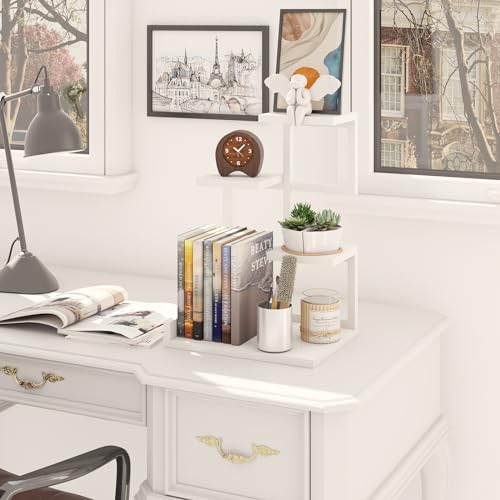 YMYNY Desktop Shelf Organizer, 4 Tier Storage Display Rack, Desk Shelf Organizer Small Bookshelf with Metal Frame for Office, Books, Plants, 12.2" x 9.45" x 17.52", White UHSR007W - color: White