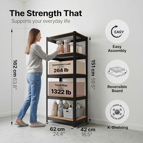 HOMEDANT House 24.4" W 5 Tier Heavy Duty Garage Shelving Adjustable Metal Rack Storage Shelves Standing Shelf Unit Organizers Pantry Closet Office Black 1Pack - color: Black, size: 24.4"W x 16.5"D