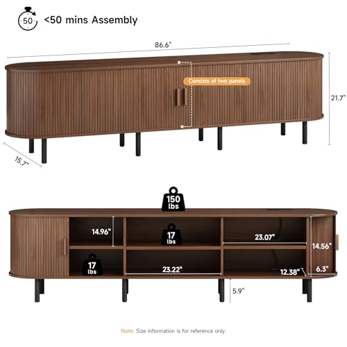 ONBRILL 86.6" TV Stand with Power Outlet for TVs up to 90 Inch, Entertainment Center with Storage and Adjustable Shelves, Modern Media Console with Sliding Doors for Living Room, Walnut - color: Walnut, size: 86.6 Inch