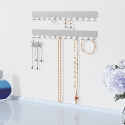 Necklace Holder Wall Organizer - Jewelry Hanging Hooks for Necklaces, Bracelets, Earrings - Easy Stick-On Installation - Space-Saving Metal Design, Silver - color: Silver