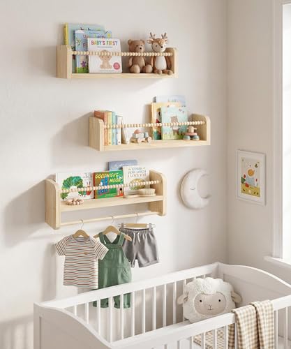 Nursery Book Shelves for Wall Set of 3, Natural Wood Bookshelves Wall Decor, Small Floating Shelf Organizer for Kids Room, Bedroom, Kitchen Spice Rack - color: Natural, size: 16 inch