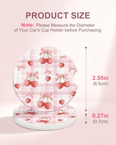 Swooflia Car Coasters for Women - Cute Pink Cherry Ceramic Car Cupholder Coaster Absorbent Mat Coaster with Cork Base 2 Pack 2.55 inch Automotive Cup Holder Accessories New Driver Gifts for Decor - color: Pink Cherry