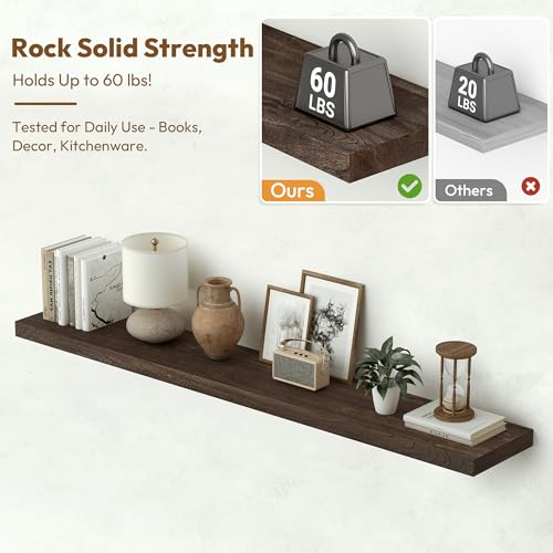 Flat Edge Elm Wood Floating Shelf with Invisible Bracket 48”American Walnut - color: American Walnut, size: 48”,set of 1