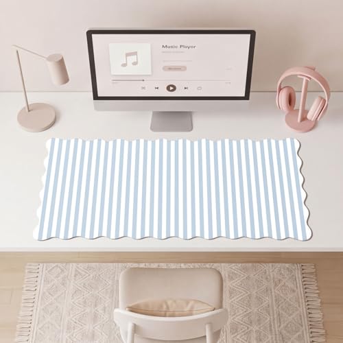 Striped Scalloped Mouse Pad,Cute Kawaii Blue Stripes Large Desk Mat Non-Slip Rubber Base,Aesthetic Decor Gaming Computer Desk Pad for Office Laptop Mouse Keyboard Pad, XL 31.5" x 15.7" - color: Light Blue