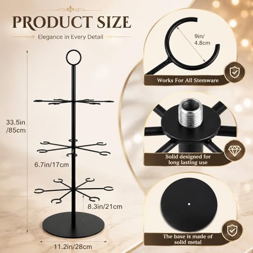 Cocktail Tree Stand for Drinks Wine Champagne Glass Tower for Parties, 3 Tiers 18 Holders Bar Wedding Metal Wine Glass Display Holder for Martinis Margarita Cups(Black,Round Bottom,1 Pcs) - color: Black