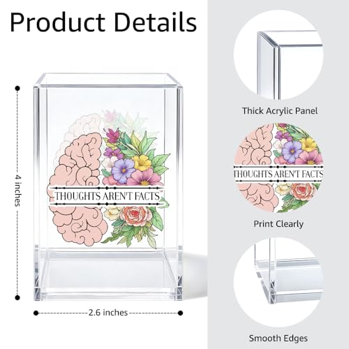Thoughts Aren't Facts Acrylic Cosmetic Organizer Pen Holder, CBT Cognitive Behavioral Desk Storage Holder for Pen, Mental Health Recovery Gifts for Coworker, Therapy Office Gifts for Leader - color: Transparent06
