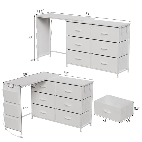 Simoretus Modern Corner Vanity Desk with 6 Fabric Drawers Power Outlet Side Pocket L Shaped Drawers Makeup Desk Dressing Table for Girls Women Bedroom (White) - color: White