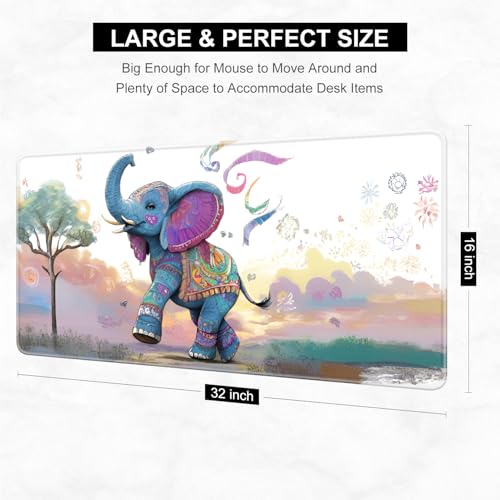 Desk Pad, 32" x 16" XXXL Extended Large Gaming Mouse Pad, Desktop Decor Desk Mat, Men Women Office Supplies and Accessories, Cute Anime Mouse Mat for Laptop & Keyboard, Colorful Elephant - color: Colorful Elephant