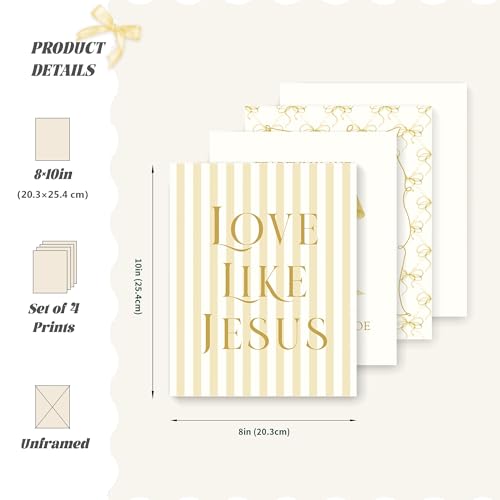 LARTSFRO Coquette Yellow Bow Jesus Wall Art Decor Posters, Butter Yellow Bow Christian Room Bedroom Bathroom Dorm Wall Art Decor Aesthetic for College Teen Girls Gifts, Inspirational Bible Verses Bow Wall Decor, 10x8 Inch Set of 4 Bow Pictures(UNFRAMED) -