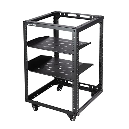 AEONS 15U Open Frame Network Server Rack 19-inch 4 Post AV Rack with Casters for Floor Standing and Wall Mount, Side Load for Extra Depth– Complete Kit with 1U and 2U Vented Shelves, Black - style: 15U-Kit