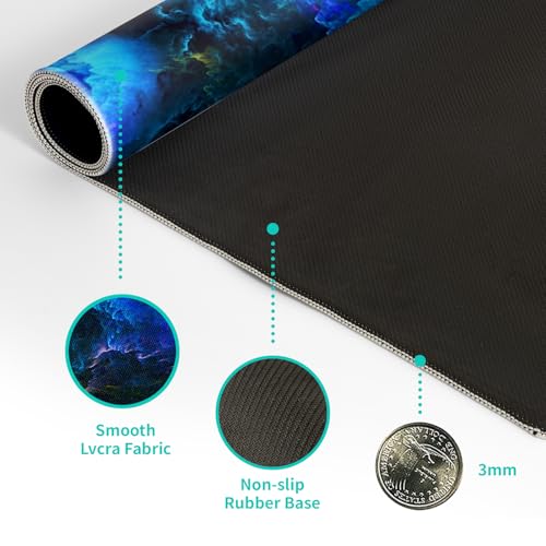 Dazzling Galaxy Gaming Mouse Pad 27.6x11.8 Inch Blue Purple Galaxy Nebula Universe Space Large Mousepad Non-Slip Rubber Base Stitched Edges Keyboard Mouse Mat Desk Pad for Office Home and Game - color: Galaxy