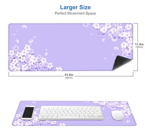 IMAYONDIA Sakura Japanese Desk Mat, Cherry Blossom Large Gaming Mouse Pad, Elegant Floral Mousepad for Women, Purple Flowers Aesthetic Desk Pad for Work Decor, Game, Office, 31.5x11.8 - color: Purple Sakura Aesthetic