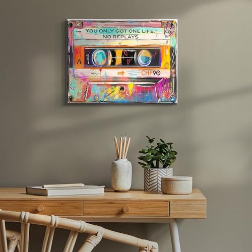 RetroTape Graffiti Motivational Wall Art Graffiti Music Cassette Wall Decor hip hop Inspirational Paintings You Only Got One Life Canvas Print Street Nostalgia Posters Picture for Teen Bedroom 16X12in - size: 16"L x 12"W